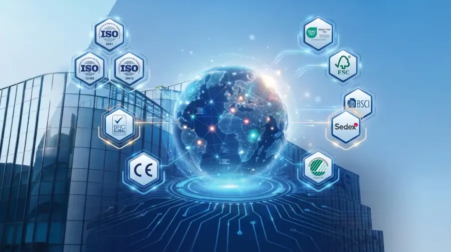 Easy Hygienic's international certifications including ISO 9001, ISO 14001, ISO 13485, OEKO-TEX Standard 100, FSC, BSCI, GMP, Sedex, BRC Global Standards, Nordic Swan, CE and FDA